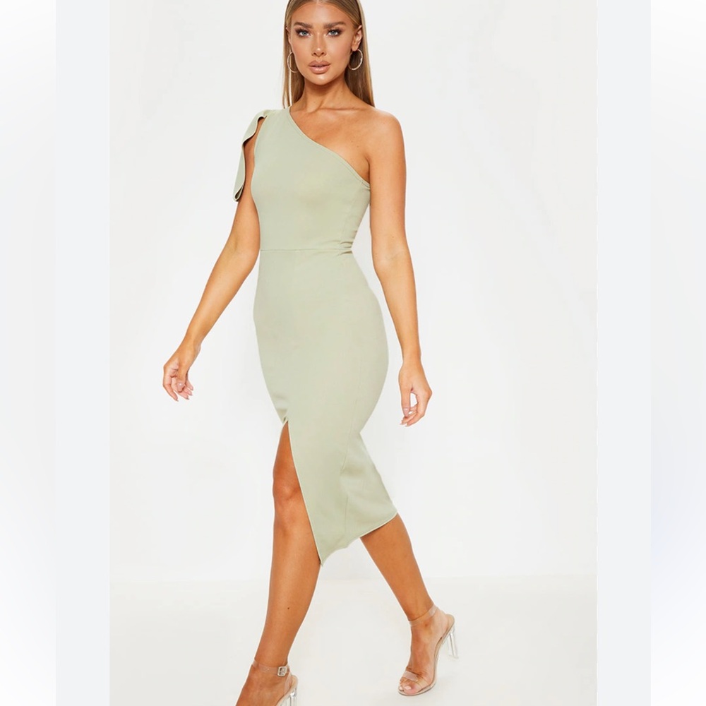 Sage Green One Shoulder Asymmetrical Ruched Midi Dress